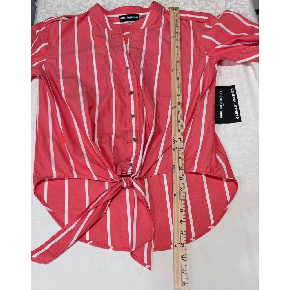 Karl Lagerfeld Paris Striped Tie Front Shirt Womens XS Coral Pink Nautical - Picture 7 of 9